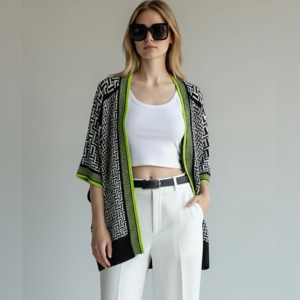 Spanner Open Front Cardigan Geometric‎ Print Neon Trim Kimono XS